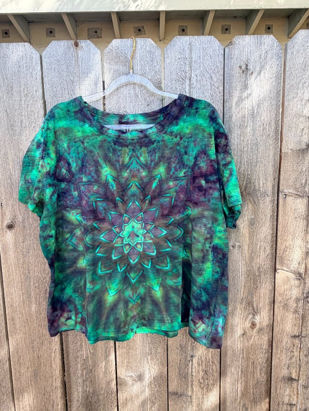 Ice dyed tie dye cropped XL t-shirt hand dyed mandala - in stock ready to ship